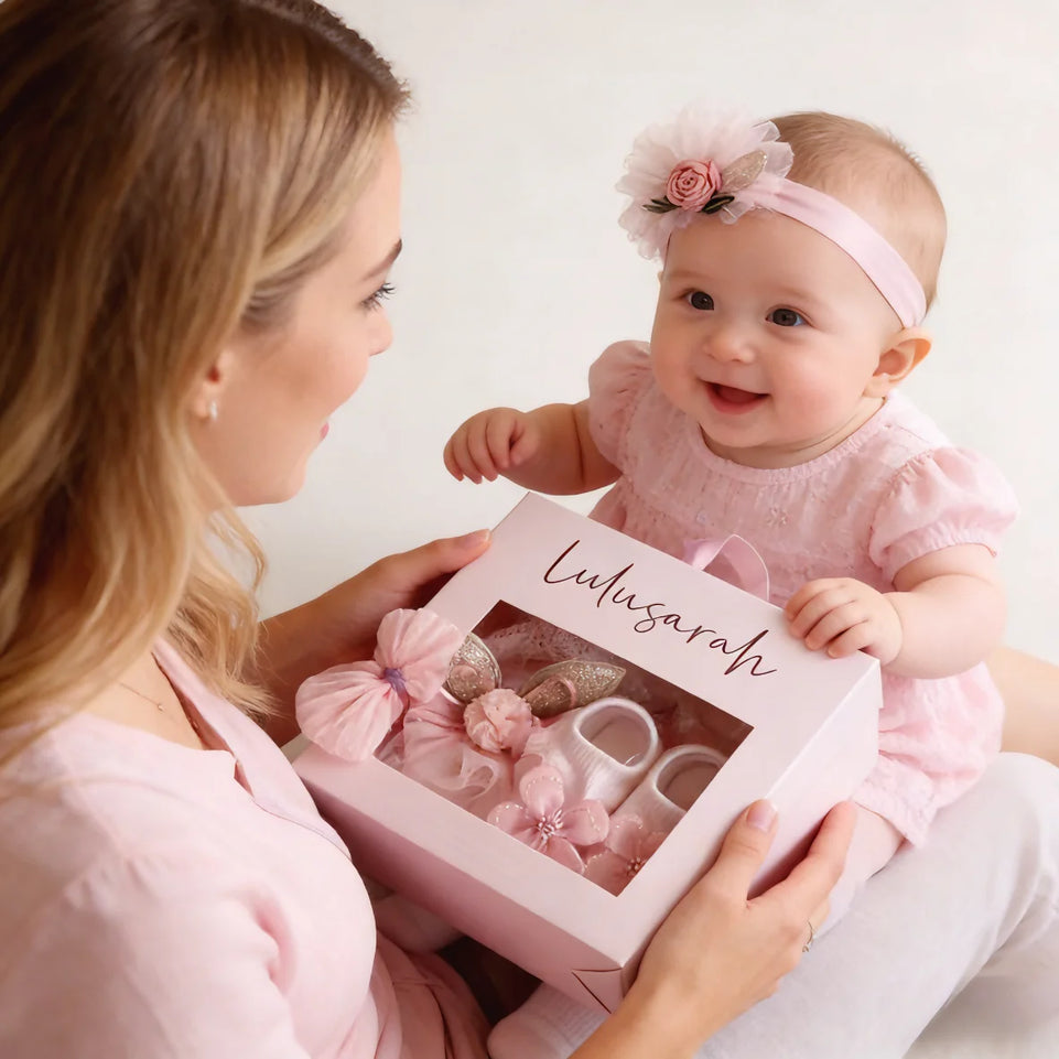 3 Pcs Baby Girl Accessories Set: 1 Socks, 2 Bow Headbands with Gift Box, Holiday Party Gift Box, Ideal Newborn Remembrance Gift